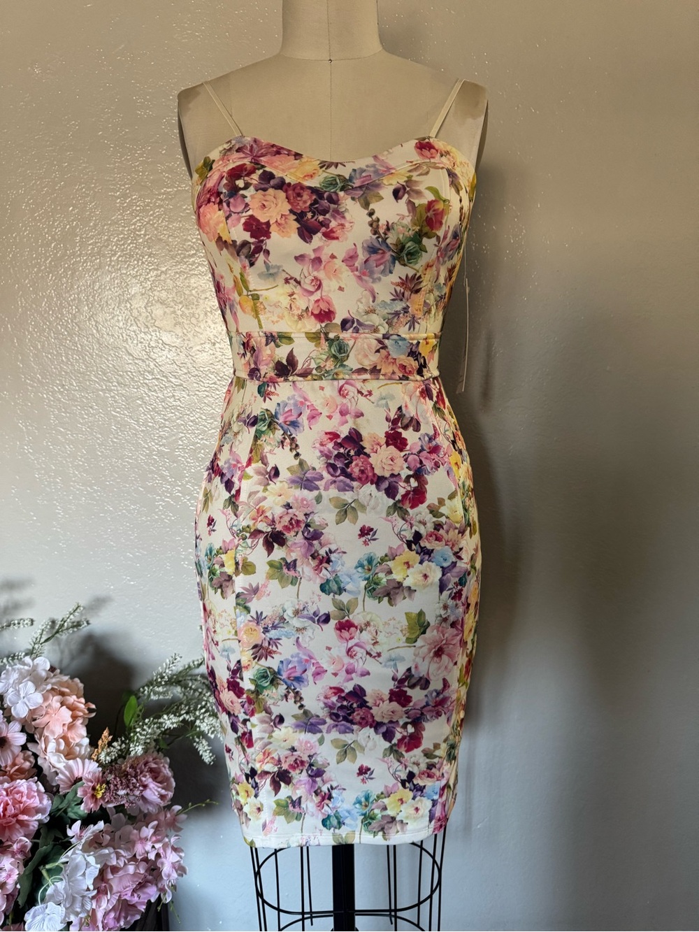 Floral Spaghetti-Strap Sheath Dress in Multi-Color